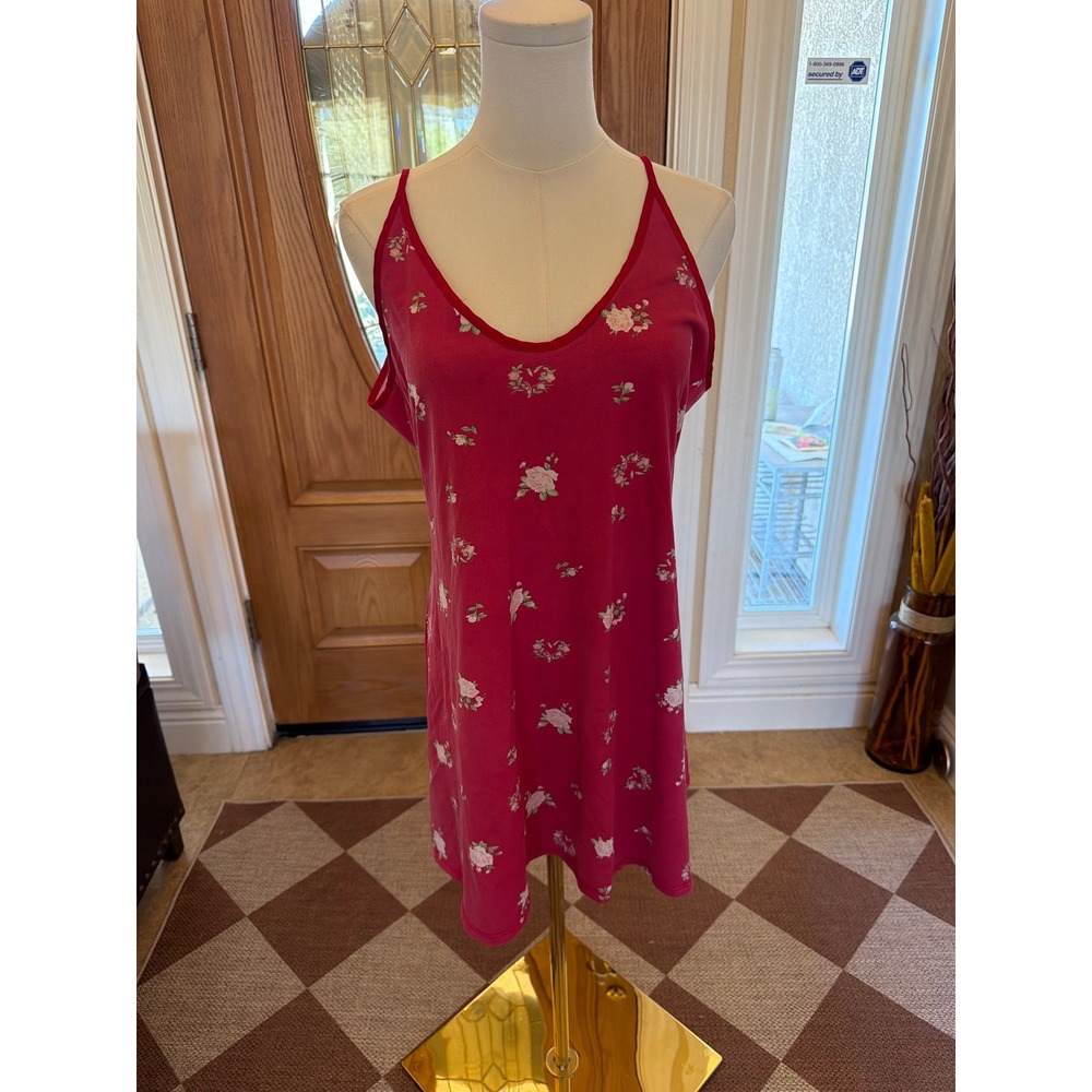 Vintage Floral Nightgown Magenta Pink Rose Print Open Back Chemise Sleepwear
